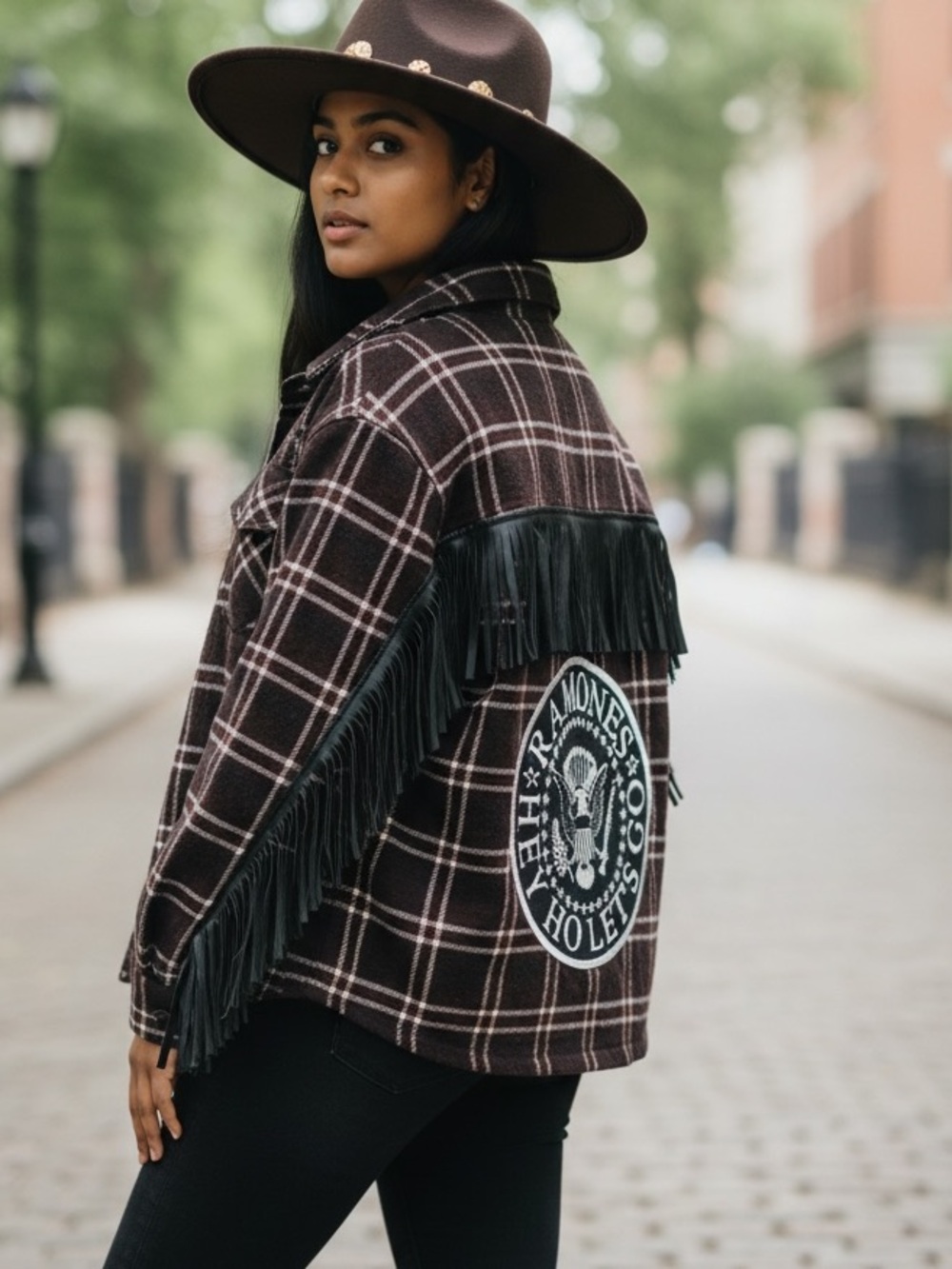 One of a Kind Plaid Jacket featuring The Ramones (with NWT Free People brooch)